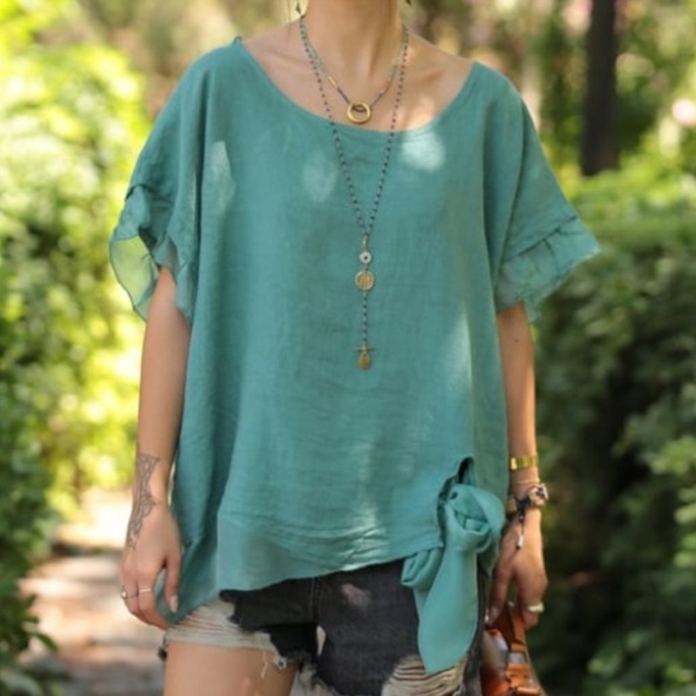 Belle France Linen/Silk Tie Blouse Large emerald jade Lagenlook Artsy Italy